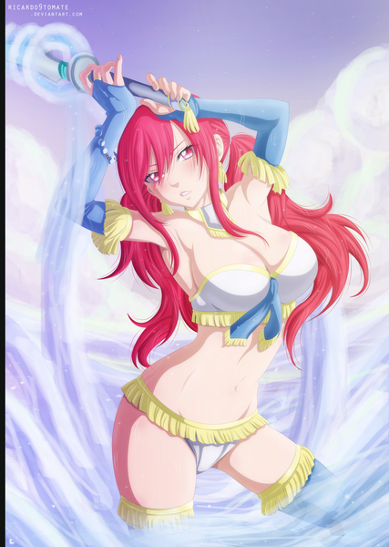 Anime picture 1500x2108 with fairy tail erza scarlet ric9duran single long hair tall image blush light erotic twintails pink hair sky pink eyes coloring girl thighhighs navel weapon swimsuit bikini sword