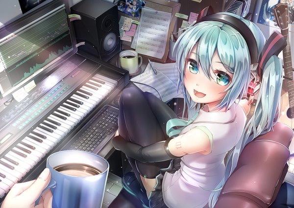 Anime picture 1310x926 with vocaloid hatsune miku imo bouya long hair looking at viewer blush fringe open mouth hair between eyes twintails bent knee (knees) indoors :d pleated skirt aqua eyes from above sunlight aqua hair solo focus girl