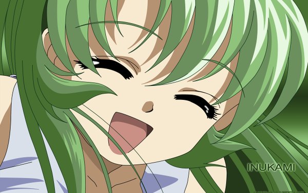 Anime picture 2560x1600 with inukami youko (inukami) highres open mouth smile wide image eyes closed green hair close-up girl