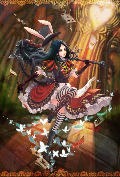 Anime picture 1266x1859 with american mcgee's alice (game) alice: madness returns alice (american mcgee's) teddy yang single long hair tall image black hair green eyes bunny ears girl thighhighs dress gloves hat elbow gloves fingerless gloves insect butterfly blood