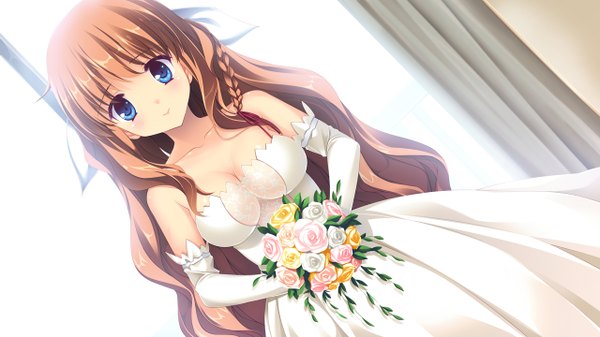 Anime picture 1280x720 with melty moment orie yuuka matsushita makako rakko single long hair looking at viewer blush fringe breasts blue eyes wide image large breasts standing bare shoulders holding game cg cleavage ahoge indoors