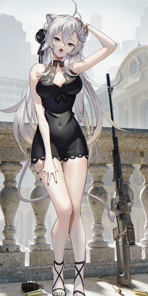 Anime picture 1249x2500 with virtual youtuber hololive shishiro botan scottie (phantom2) single long hair tall image looking at viewer breasts open mouth standing animal ears cleavage silver hair full body outdoors tail head tilt animal tail arm up