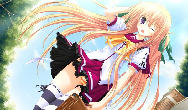 Anime picture 1024x600 with sora to kumo to kimi no koi long hair blush open mouth light erotic blonde hair wide image purple eyes twintails game cg one eye closed wink pantyshot girl thighhighs skirt uniform ribbon (ribbons) hair ribbon school uniform