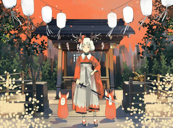 Anime picture 3500x2600 with original lowe (slow) single looking at viewer fringe highres short hair red eyes absurdres full body outdoors white hair blunt bangs horn (horns) adjusting clothes antlers girl weapon plant (plants) sword