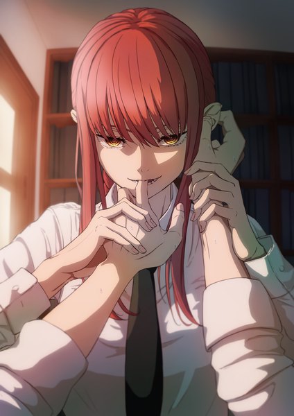 Anime picture 2894x4093 with chainsaw man mappa makima (chainsaw man) ichi yoshida tall image looking at viewer fringe highres short hair hair between eyes yellow eyes upper body red hair indoors blunt bangs teeth holding hands pov finger in mouth bite