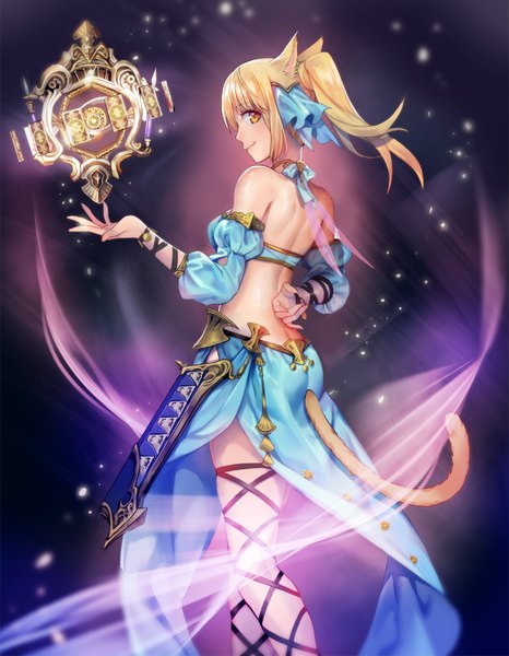 Anime picture 900x1159 with final fantasy final fantasy xiv square enix miqo'te lino chang single long hair tall image looking at viewer blush fringe blonde hair smile standing animal ears yellow eyes payot ponytail tail animal tail