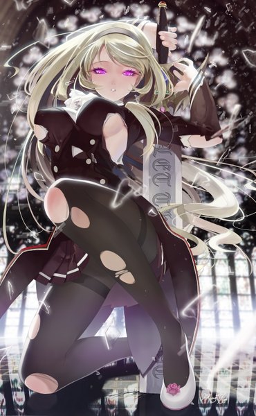 Anime picture 1730x2800 with original okingjo single long hair tall image looking at viewer highres light erotic blonde hair purple eyes torn clothes torn pantyhose girl dress weapon pantyhose sword