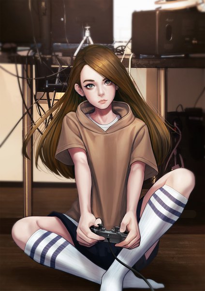 Anime-Bild 1488x2105 mit real life alina rin jungon single long hair tall image looking at viewer fringe brown hair sitting holding green eyes indoors parted lips head tilt realistic short sleeves no shoes indian style playing games