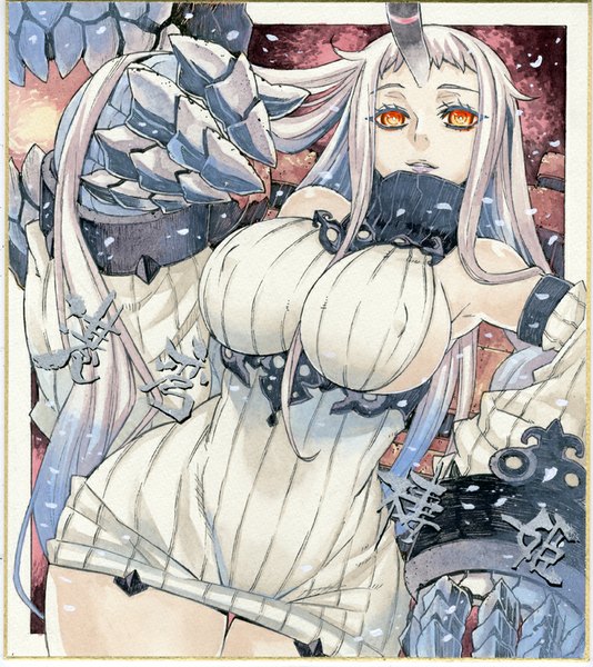 Anime picture 800x898 with kantai collection seaport hime coo (cooarts) single long hair tall image looking at viewer breasts light erotic large breasts silver hair parted lips horn (horns) orange eyes sideboob traditional media shinkaisei-kan curvy girl dress