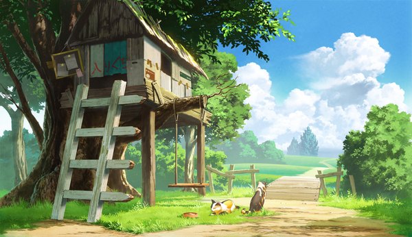 Anime picture 1188x687 with original mocha (cotton) wide image sky cloud (clouds) no people scenic plant (plants) animal tree (trees) cat grass house road swing ladder