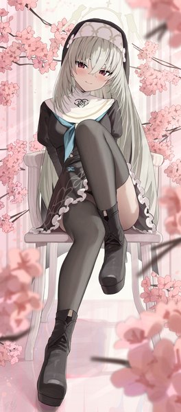 Anime picture 1582x3600 with blue archive sakurako (blue archive) hidulume single long hair tall image looking at viewer blush fringe light erotic smile hair between eyes red eyes sitting silver hair full body bent knee (knees) head tilt cherry blossoms girl