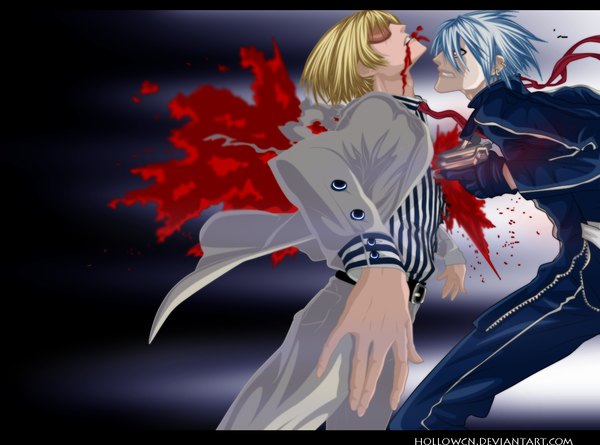 Anime picture 1300x965 with dogs: bullets & carnage david production haine rammsteiner giovanni rammsteiner hollowcn fringe short hair blonde hair red eyes blue hair profile hair over one eye grin coloring letterboxed boy gloves gun blood pistol