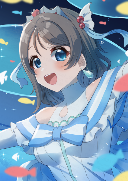 Anime picture 2829x4000 with love live! sunshine!! sunrise (studio) love live! watanabe you kyaku tatsu single tall image looking at viewer blush highres short hair open mouth blue eyes bare shoulders upper body :d grey hair sparkle girl bow