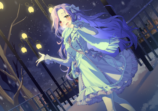 Anime picture 3508x2480 with original yampa single long hair looking at viewer blush fringe highres open mouth smile red eyes yellow eyes absurdres silver hair outdoors long sleeves :d night arms up dutch angle