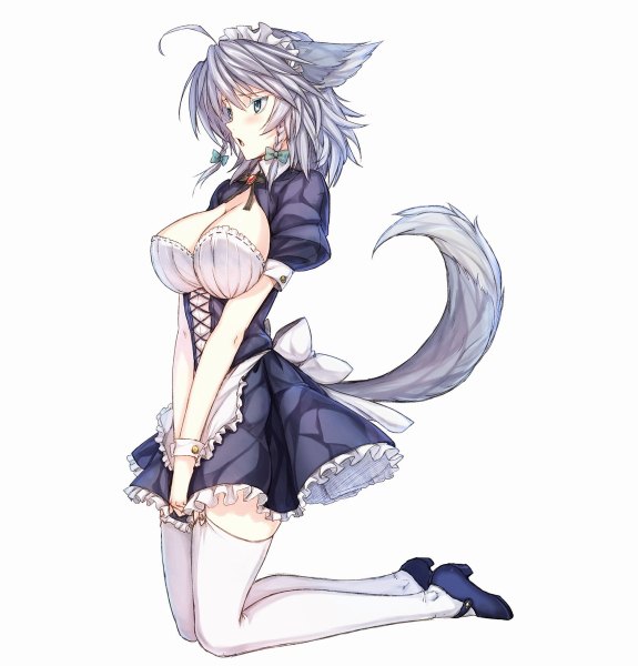 Anime picture 1149x1200 with touhou izayoi sakuya ryuuzaki ichi makita (twosidegekilove) single tall image blush short hair breasts open mouth light erotic simple background large breasts standing white background animal ears looking away tail braid (braids) animal tail