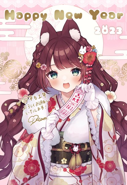Anime picture 2000x2900 with original siotaham single long hair tall image looking at viewer blush highres open mouth brown hair twintails green eyes animal ears traditional clothes :d japanese clothes low twintails new year happy new year egasumi
