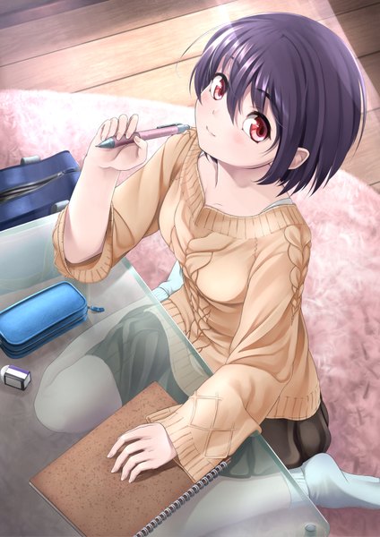 Anime picture 2683x3800 with original nuppa single tall image looking at viewer blush fringe highres short hair black hair smile hair between eyes red eyes sitting holding bent knee (knees) indoors from above no shoes wariza