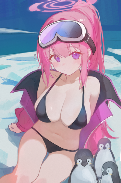Anime picture 2000x3016 with blue archive eimi (blue archive) eimi (swimsuit) (blue archive) calcite single long hair tall image looking at viewer fringe highres breasts light erotic hair between eyes large breasts purple eyes pink hair ponytail off shoulder open jacket official alternate costume