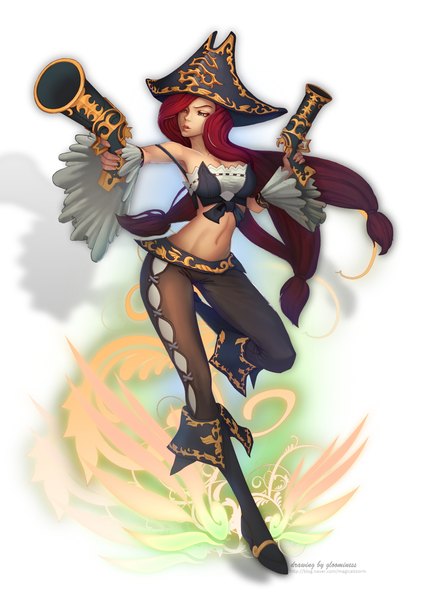 Anime picture 1654x2338 with league of legends miss fortune (league of legends) gloomines (evolvis) single long hair tall image breasts green eyes looking away red hair lips bare belly midriff pirate girl navel weapon hat gun pistol