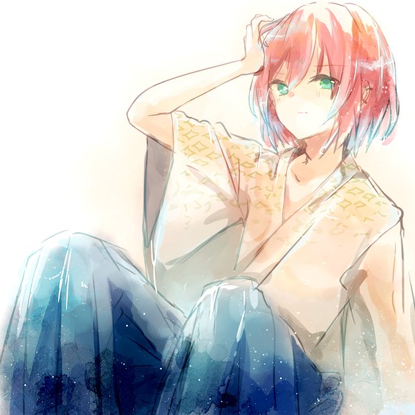 Anime picture 1000x1000 with meiji tokyo renka izumi kyouka (meikoi) lemon honey1013 single looking at viewer short hair simple background white background sitting green eyes pink hair traditional clothes japanese clothes hand on head boy hakama