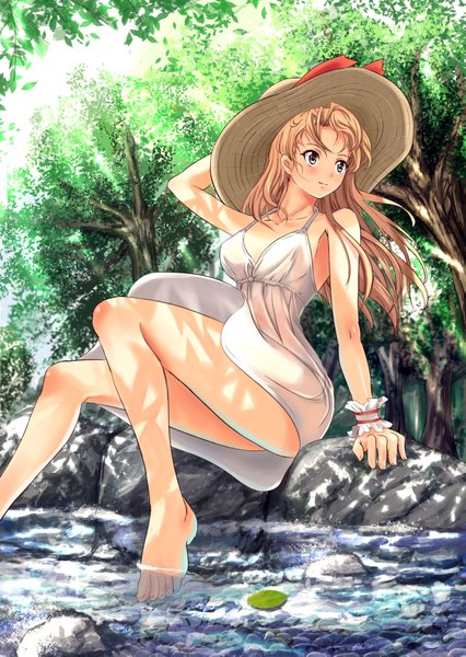 Anime picture 2598x3661 with original soyokaze single long hair tall image blush highres blue eyes blonde hair sitting barefoot bare legs river girl dress plant (plants) hat tree (trees) water leaf (leaves)
