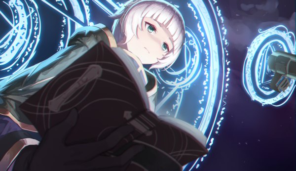 Anime picture 3467x2000 with re:creators meteora osterreich soeyumi single fringe highres short hair wide image looking away upper body white hair blunt bangs from below magic girl gloves black gloves book (books) magic circle