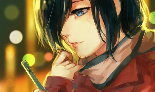 Anime picture 800x475 with tokyo ghoul studio pierrot kirishima touka fuurin single fringe short hair smile wide image holding parted lips lips hair over one eye close-up eyebrows girl mobile phone