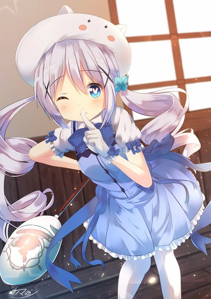 Anime picture 1414x2000 with re:zero kara hajimeru isekai seikatsu gochuumon wa usagi desu ka? white fox kafuu chino beatrice (re:zero) chinomaron single long hair tall image looking at viewer blush blue eyes smile twintails holding signed silver hair one eye closed wink leaning