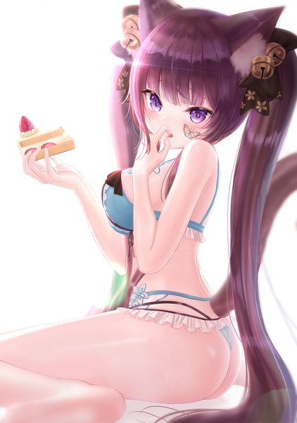 Anime picture 1385x1969 with original hou no ka single long hair tall image looking at viewer blush fringe light erotic brown hair sitting purple eyes twintails holding animal ears tail blunt bangs animal tail barefoot blurry
