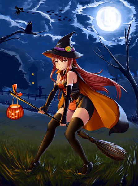Anime picture 1300x1750 with original kalma538 single long hair tall image blush red eyes brown hair night night sky halloween witch girl thighhighs dress gloves black thighhighs plant (plants) earrings tree (trees)