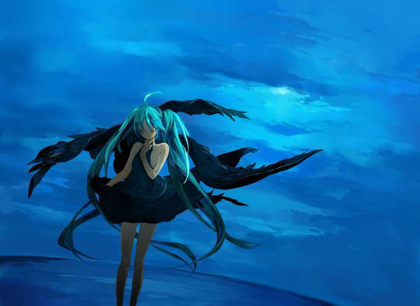 Anime picture 1500x1095 with vocaloid hatsune miku gou (tomero) single long hair twintails bare shoulders sky cloud (clouds) ahoge eyes closed aqua hair legs girl wings sundress