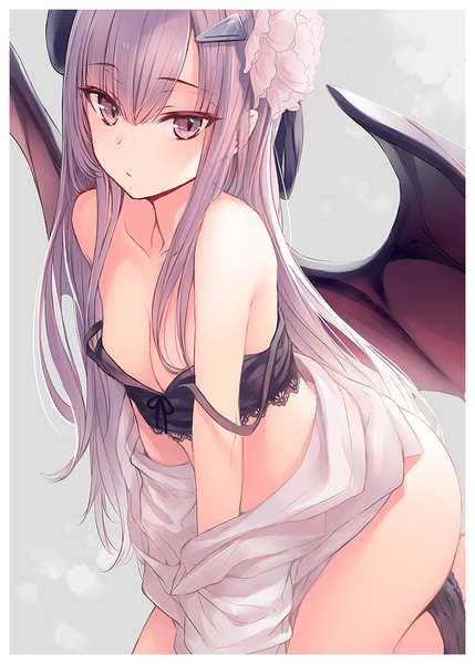 Anime picture 753x1053 with original yashiro seika single long hair tall image looking at viewer blush fringe breasts light erotic simple background hair between eyes purple eyes bare shoulders payot cleavage purple hair hair flower grey background kneeling
