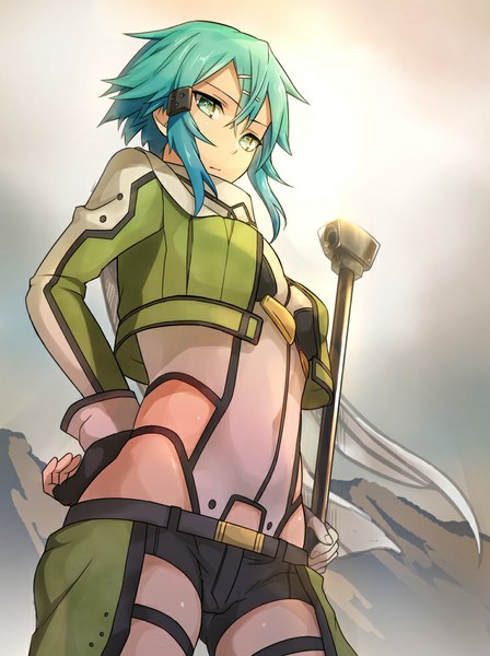 Anime picture 755x1011 with sword art online a-1 pictures asada shino shinon (tokage shuryou) single tall image looking at viewer short hair blue eyes blue hair girl hair ornament weapon jacket shorts gun sniper rifle