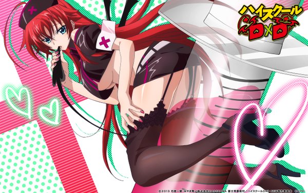 Anime picture 2560x1600 with highschool dxd rias gremory single highres blue eyes light erotic red hair tail very long hair girl thighhighs skirt black thighhighs miniskirt wings nurse cap