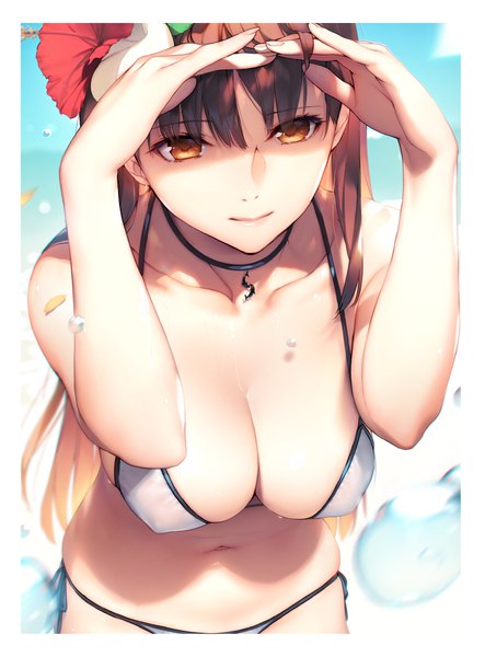 Anime picture 739x1000 with original sasaoka gungu single long hair tall image looking at viewer fringe breasts light erotic hair between eyes brown hair large breasts standing bare shoulders brown eyes cleavage hair flower blurry shadow leaning