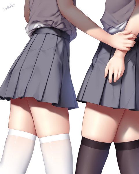 Anime picture 1440x1800 with original wsman tall image simple background standing white background multiple girls signed pleated skirt zettai ryouiki skindentation shoujo ai head out of frame arm grab girl thighhighs skirt uniform black thighhighs 2 girls