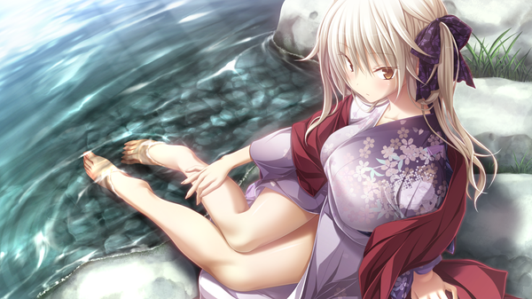 Anime picture 1280x720 with amatsutsumi purple software koizuka mana single long hair looking at viewer blush light erotic wide image brown eyes game cg white hair traditional clothes japanese clothes barefoot bare legs river girl ribbon (ribbons) bow