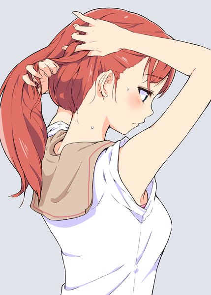 Anime picture 858x1200 with original hi iro single long hair tall image blush fringe blue eyes simple background upper body ponytail red hair profile grey background armpit (armpits) sweat sleeveless adjusting hair looking down sweatdrop