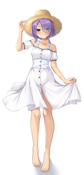 Anime picture 1500x3100 with cafe stella to shinigami no chou yuzusoft hiuchidani mei ncontrail (mgax7527) single tall image looking at viewer fringe short hair simple background standing white background green eyes purple hair full body barefoot hair over one eye bare legs adjusting hat girl