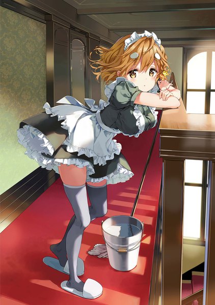 Anime picture 1352x1920 with masamune-kun no revenge silver link koiwai yoshino tiv single tall image looking at viewer blush fringe short hair breasts hair between eyes brown hair large breasts standing brown eyes full body bent knee (knees) indoors wind