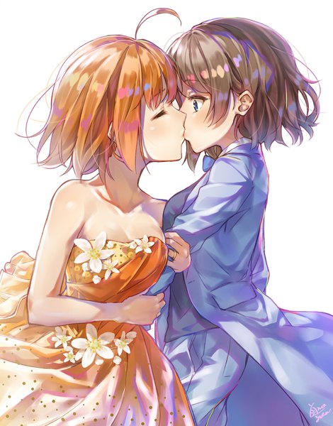 Anime picture 1516x1934 with love live! sunshine!! sunrise (studio) love live! watanabe you takami chika takenoko no you tall image blush short hair blue eyes simple background brown hair white background bare shoulders multiple girls signed cleavage ahoge eyes closed profile