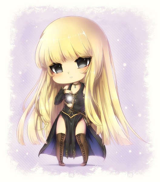 Anime picture 1368x1554 with original midna01 single long hair tall image looking at viewer blush fringe blonde hair standing black eyes magic chibi girl dress boots thigh boots bag