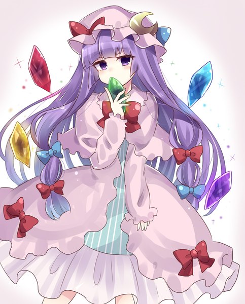 Anime picture 2893x3596 with touhou patchouli knowledge subaru (subachoco) single long hair tall image fringe highres purple eyes holding purple hair blunt bangs covered mouth tress ribbon girl bow hair bow hat bonnet crystal