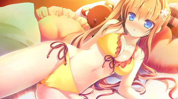 Anime picture 2560x1440 with loverec alcot yashinaga chiho narumi yuu (bunbukudou) single long hair blush fringe highres breasts blue eyes light erotic wide image looking away game cg lying parted lips orange hair side ponytail girl