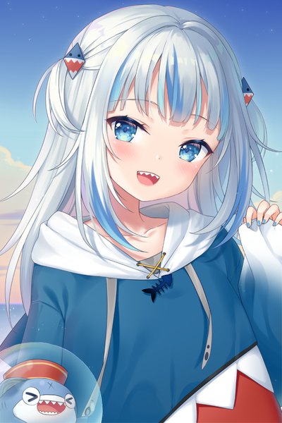 Anime picture 800x1200 with virtual youtuber hololive hololive english gawr gura gawr gura (1st costume) bloop (gawr gura) moorina single long hair tall image looking at viewer blush fringe open mouth blue eyes smile payot sky silver hair cloud (clouds)
