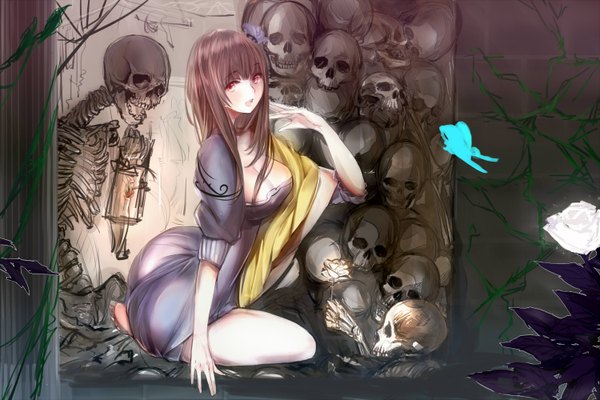 Anime picture 1500x1000 with original syozui single long hair breasts open mouth light erotic black hair red eyes cleavage ass skeleton girl dress skull