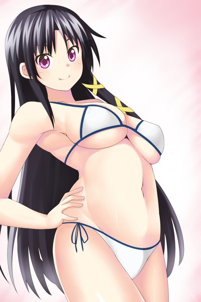 Anime picture 2733x4092 with little busters! key (studio) kurugaya yuiko dacchi single long hair tall image highres breasts light erotic black hair smile purple eyes hand on hip underboob tress ribbon girl navel swimsuit bikini