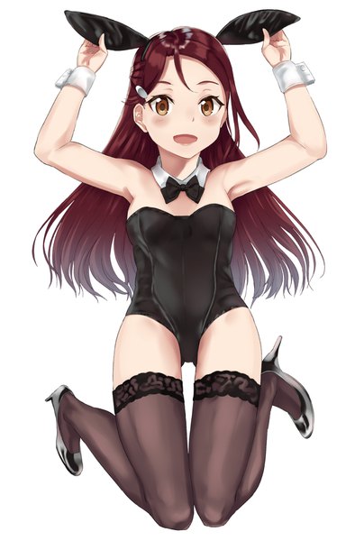 Anime picture 1200x1780 with love live! sunshine!! sunrise (studio) love live! sakurauchi riko qwyte single long hair tall image looking at viewer blush fringe light erotic simple background white background bare shoulders brown eyes animal ears full body bent knee (knees) red hair