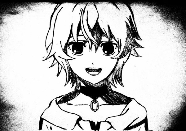 Anime picture 904x640 with owari no seraph wit studio hyakuya mikaela chizu (pixiv3949879) single looking at viewer fringe short hair open mouth smile teeth monochrome portrait happy eyebrows boy tongue locket