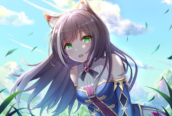 Anime picture 1920x1300 with princess connect! re:dive princess connect! karyl (princess connect!) sky (pixiv10081512) single long hair looking at viewer blush fringe highres breasts open mouth large breasts bare shoulders green eyes animal ears payot sky cloud (clouds) upper body